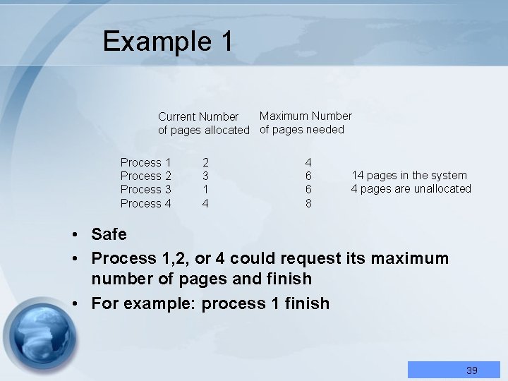 Example 1 Maximum Number Current Number of pages allocated of pages needed Process 1