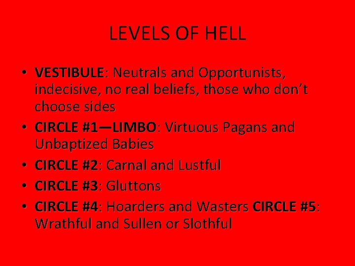 LEVELS OF HELL • VESTIBULE: Neutrals and Opportunists, indecisive, no real beliefs, those who