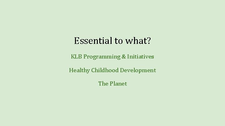 Essential to what? KLB Programming & Initiatives Healthy Childhood Development The Planet 