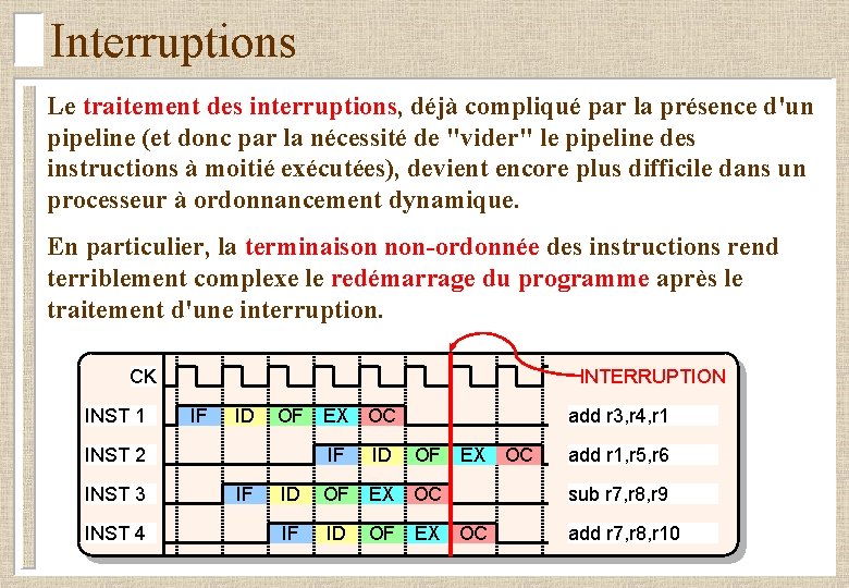 Interruptions Le traitement des interruptions, déjà compliqué par la présence d'un pipeline (et donc