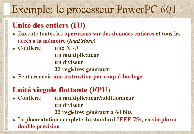 Exemple: le processeur Power. PC 601 Unité des entiers (IU) ¨ ¨ ¨ Exécute