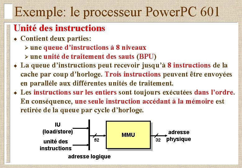 Exemple: le processeur Power. PC 601 Unité des instructions ¨ ¨ ¨ Contient deux