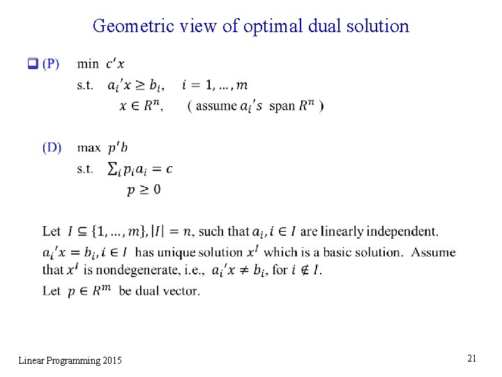 Geometric view of optimal dual solution q Linear Programming 2015 21 Geometric view of optimal dual solution q Linear Programming 2015 21