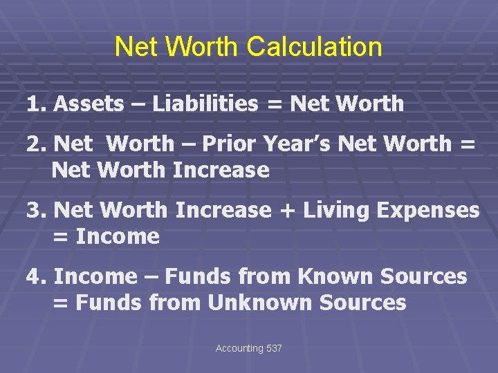 Net Worth Calculation 1. Assets – Liabilities = Net Worth 2. Net Worth –