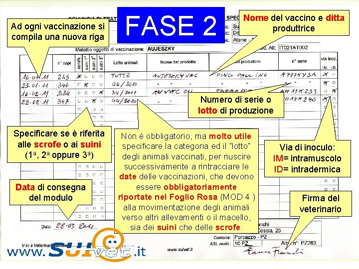 Ad ogni vaccinazione si compila una nuova riga FASE 2 Nome del vaccino e