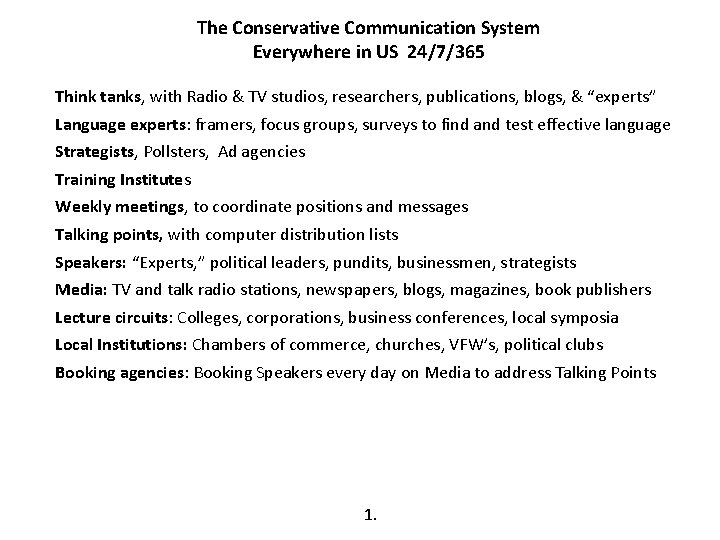 The Conservative Communication System Everywhere in US 24/7/365 Think tanks, with Radio & TV
