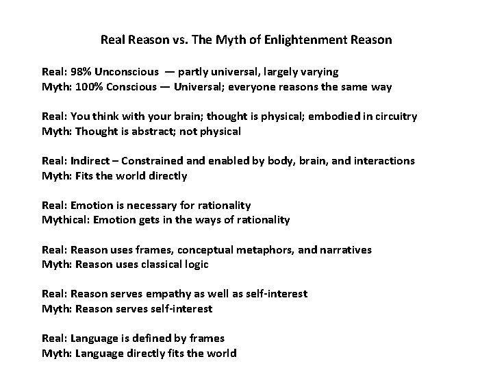 Real Reason vs. The Myth of Enlightenment Reason Real: 98% Unconscious — partly universal,