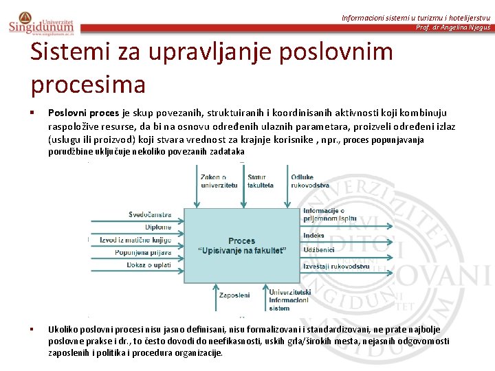 Informacioni sistemi u turizmu i hotelijerstvu Prof. dr Angelina Njeguš Sistemi za upravljanje poslovnim