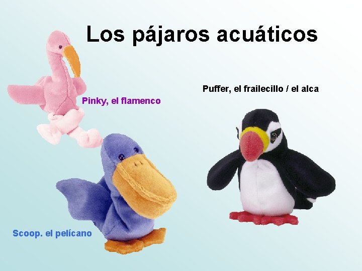 Los pájaros acuáticos Puffer, el frailecillo / el alca Pinky, el flamenco Scoop. el