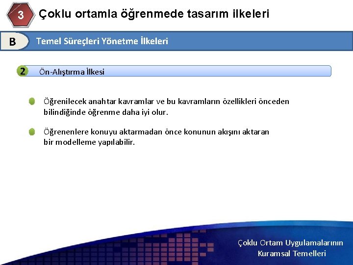 3 B Çoklu ortamla öğrenmede tasarım ilkeleri Temel Süreçleri Yönetme İlkeleri 2 Ön-Alıştırma İlkesi