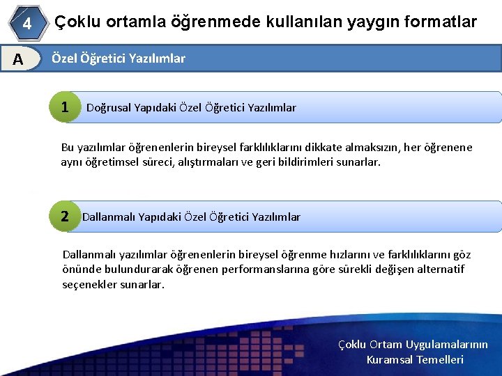 4 A Çoklu ortamla öğrenmede kullanılan yaygın formatlar Özel Öğretici Yazılımlar 1 Doğrusal Yapıdaki