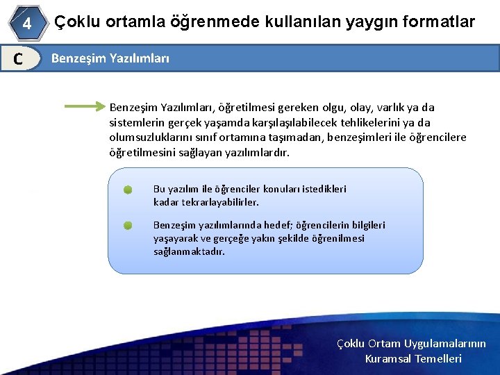 4 C Çoklu ortamla öğrenmede kullanılan yaygın formatlar Benzeşim Yazılımları, öğretilmesi gereken olgu, olay,