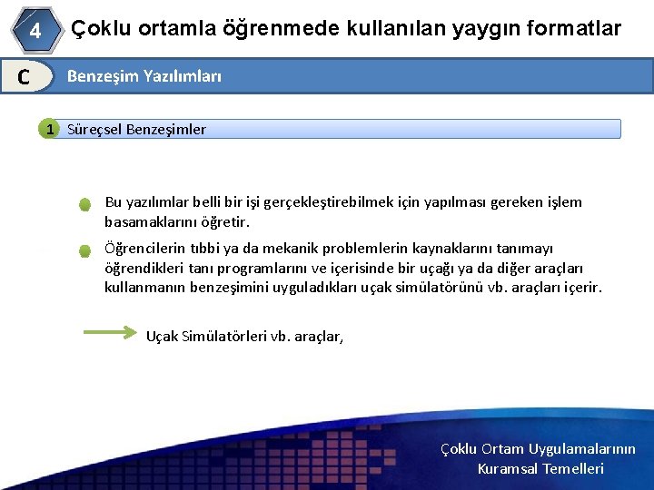 4 C Çoklu ortamla öğrenmede kullanılan yaygın formatlar Benzeşim Yazılımları 1 Süreçsel Benzeşimler Bu