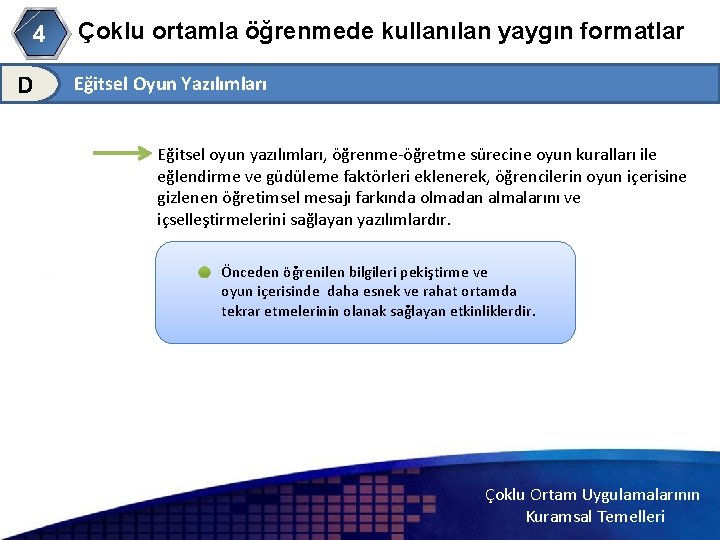 4 D Çoklu ortamla öğrenmede kullanılan yaygın formatlar Eğitsel Oyun Yazılımları Eğitsel oyun yazılımları,