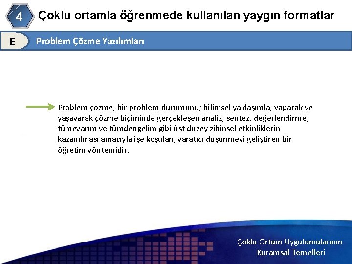 4 E Çoklu ortamla öğrenmede kullanılan yaygın formatlar Problem Çözme Yazılımları Problem çözme, bir