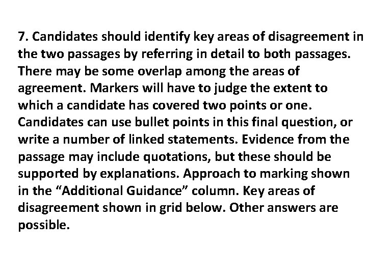 7. Candidates should identify key areas of disagreement in the two passages by referring