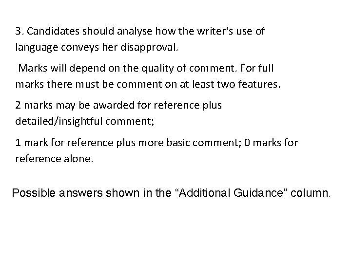 3. Candidates should analyse how the writer‘s use of language conveys her disapproval. Marks