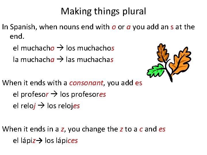 Making things plural In Spanish, when nouns end with o or a you add