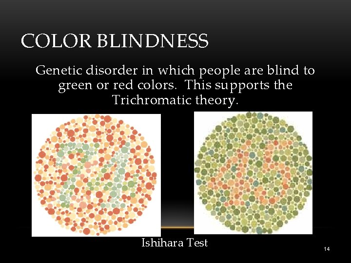 COLOR BLINDNESS Genetic disorder in which people are blind to green or red colors.