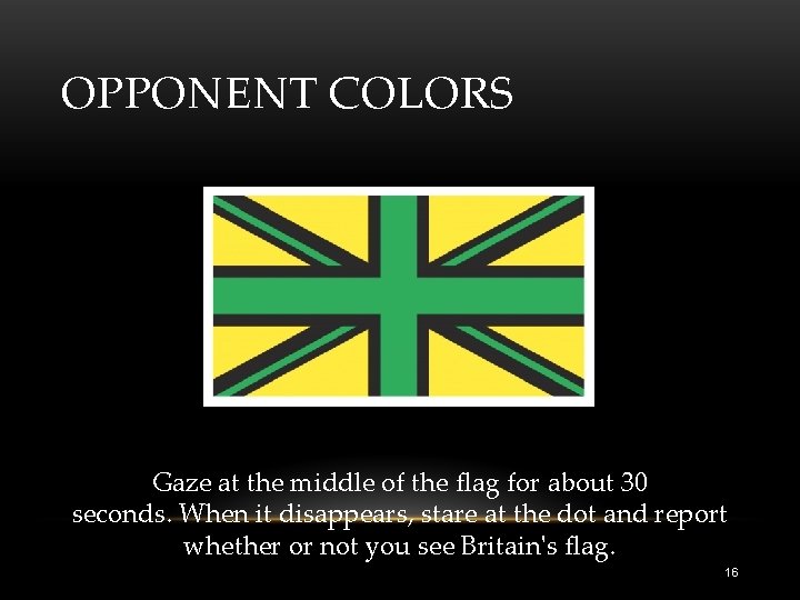 OPPONENT COLORS Gaze at the middle of the flag for about 30 seconds. When