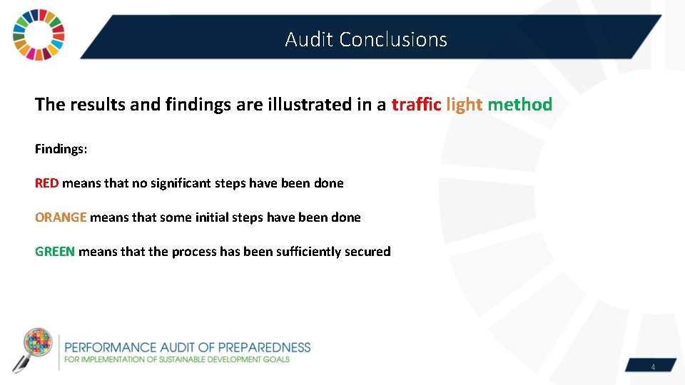 Audit Conclusions The results and findings are illustrated in a traffic light method Findings: