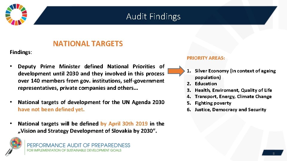 Audit Findings: NATIONAL TARGETS • Deputy Prime Minister defined National Priorities of development until