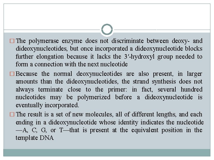 � The polymerase enzyme does not discriminate between deoxy- and dideoxynucleotides, but once incorporated