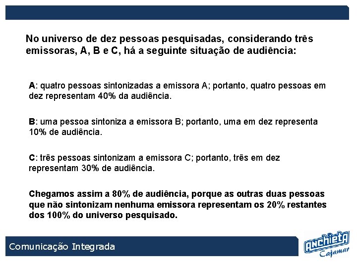 No universo de dez pessoas pesquisadas, considerando três emissoras, A, B e C, há