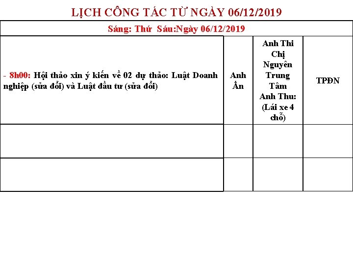 LỊCH CÔNG TÁC TỪ NGÀY 06/12/2019 Sáng: Thứ Sáu: Ngày 06/12/2019 - 8 h