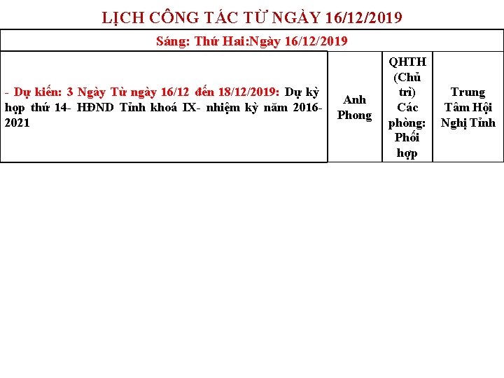 LỊCH CÔNG TÁC TỪ NGÀY 16/12/2019 Sáng: Thứ Hai: Ngày 16/12/2019 - Dự kiến: