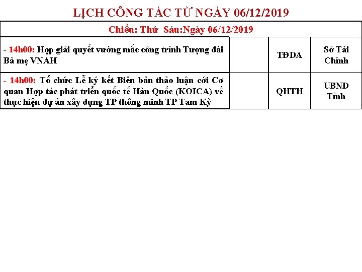 LỊCH CÔNG TÁC TỪ NGÀY 06/12/2019 Chiều: Thứ Sáu: Ngày 06/12/2019 - 14 h