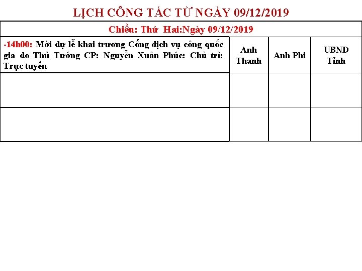 LỊCH CÔNG TÁC TỪ NGÀY 09/12/2019 Chiều: Thứ Hai: Ngày 09/12/2019 -14 h 00: