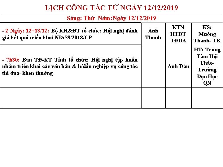 LỊCH CÔNG TÁC TỪ NGÀY 12/12/2019 Sáng: Thứ Năm: Ngày 12/12/2019 - 2 Ngày: