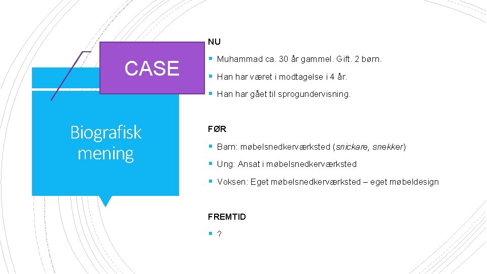 NU CASE § Muhammad ca. 30 år gammel. Gift. 2 børn. § Han har