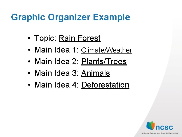 Graphic Organizer Example • • • Topic: Rain Forest Main Idea 1: Climate/Weather Main