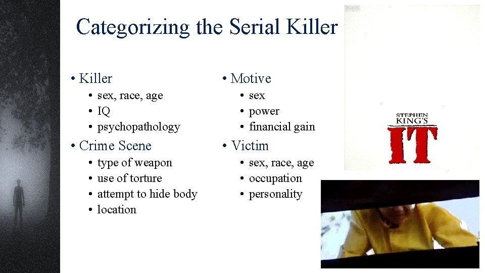 Categorizing the Serial Killer • sex, race, age • IQ • psychopathology • Crime