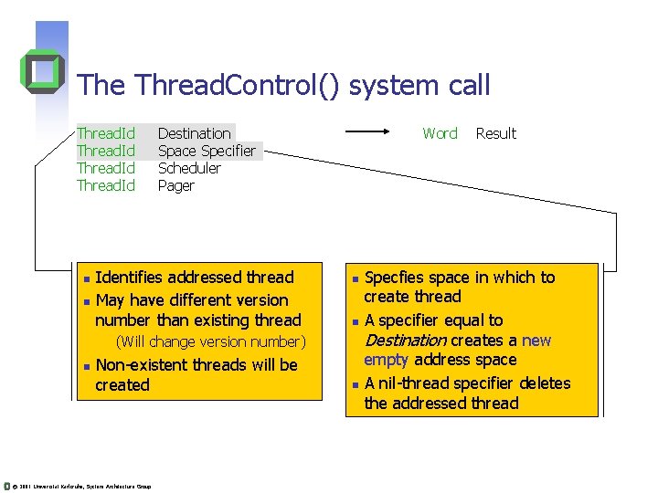 The Thread. Control() system call Thread. Id Identifies addressed thread n May have different
