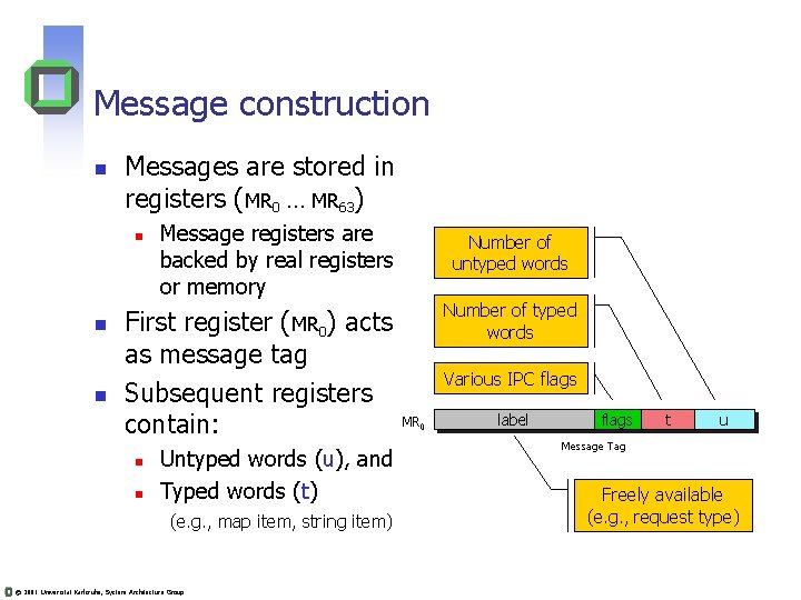 Message construction n Messages are stored in registers (MR 0 MR 63) n n Message construction n Messages are stored in registers (MR 0 MR 63) n n