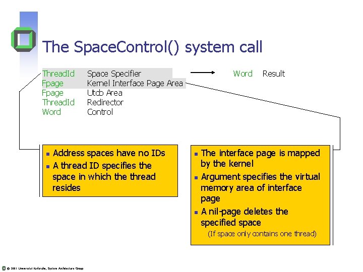 The Space. Control() system call Thread. Id Fpage Thread. Id Word Address spaces have