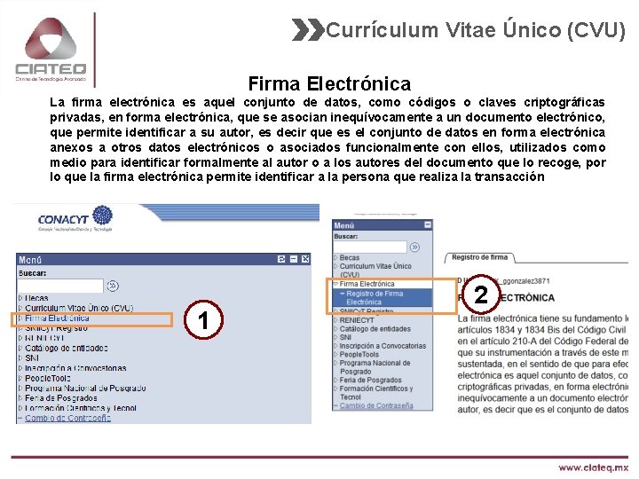 Currículum Vitae Único (CVU) Firma Electrónica La firma electrónica es aquel conjunto de datos,