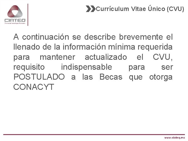 Currículum Vitae Único (CVU) A continuación se describe brevemente el llenado de la información