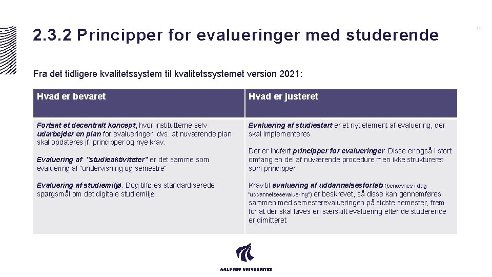 2. 3. 2 Principper for evalueringer med studerende Fra det tidligere kvalitetssystem til kvalitetssystemet