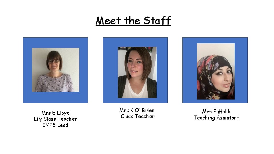 Meet the Staff Mrs E Lloyd Lily Class Teacher EYFS Lead Mrs K O`Brien