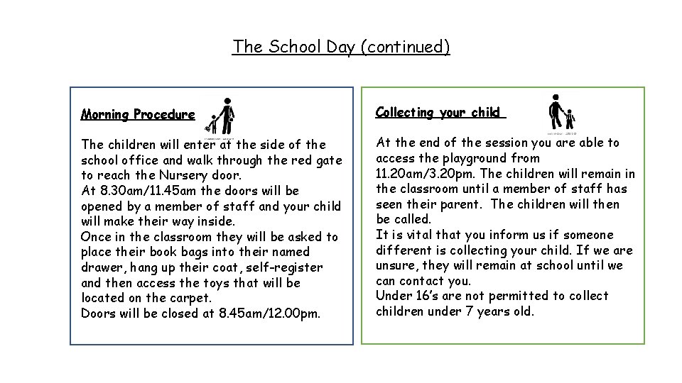 The School Day (continued) Morning Procedure Collecting your child The children will enter at