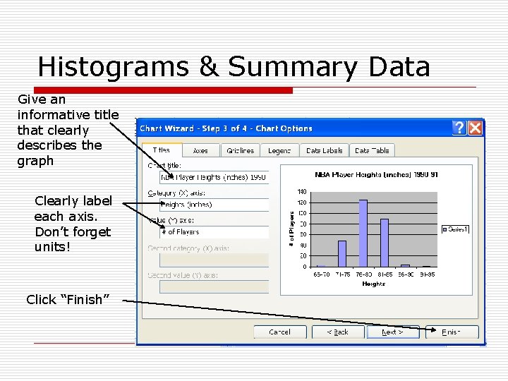 Histograms & Summary Data Give an informative title that clearly describes the graph Clearly