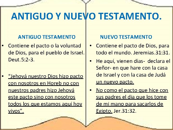 ANTIGUO Y NUEVO TESTAMENTO. ANTIGUO TESTAMENTO NUEVO TESTAMENTO • Contiene el pacto o la