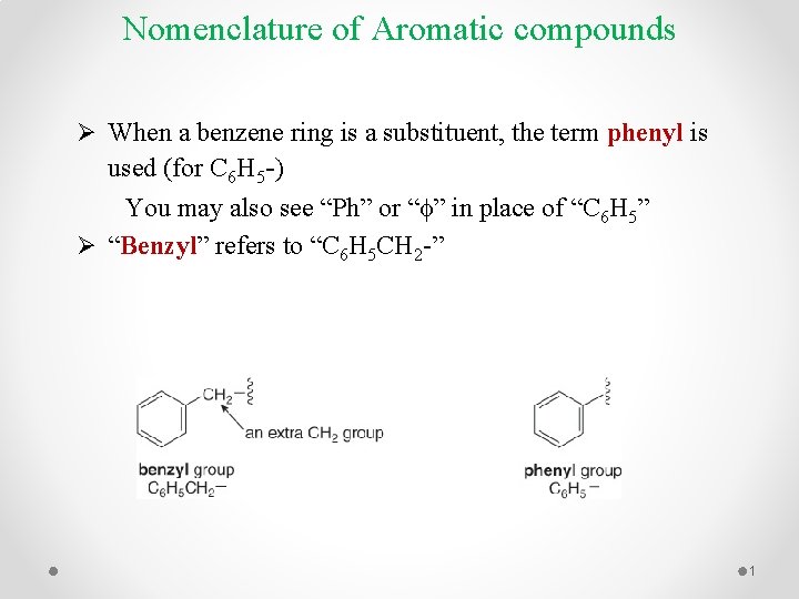 Nomenclature of Aromatic compounds Ø When a benzene ring is a substituent, the term