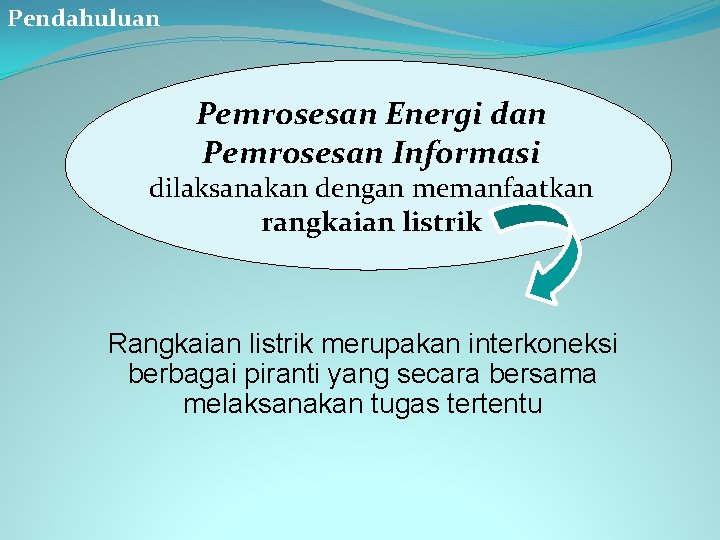 Pendahuluan Pemrosesan Energi dan Pemrosesan Informasi dilaksanakan dengan memanfaatkan rangkaian listrik Rangkaian listrik merupakan
