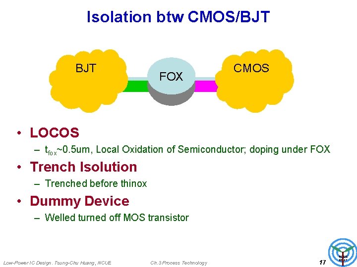 Isolation btw CMOS/BJT FOX CMOS • LOCOS – tfox~0. 5 um, Local Oxidation of