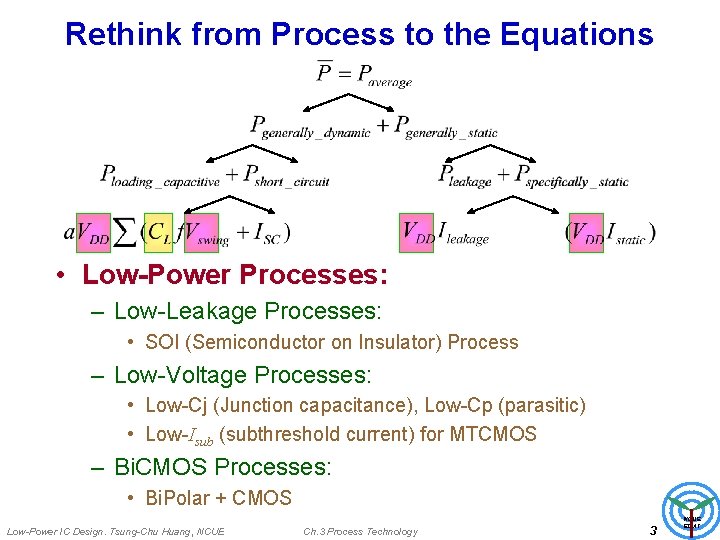 Rethink from Process to the Equations • Low-Power Processes: – Low-Leakage Processes: • SOI